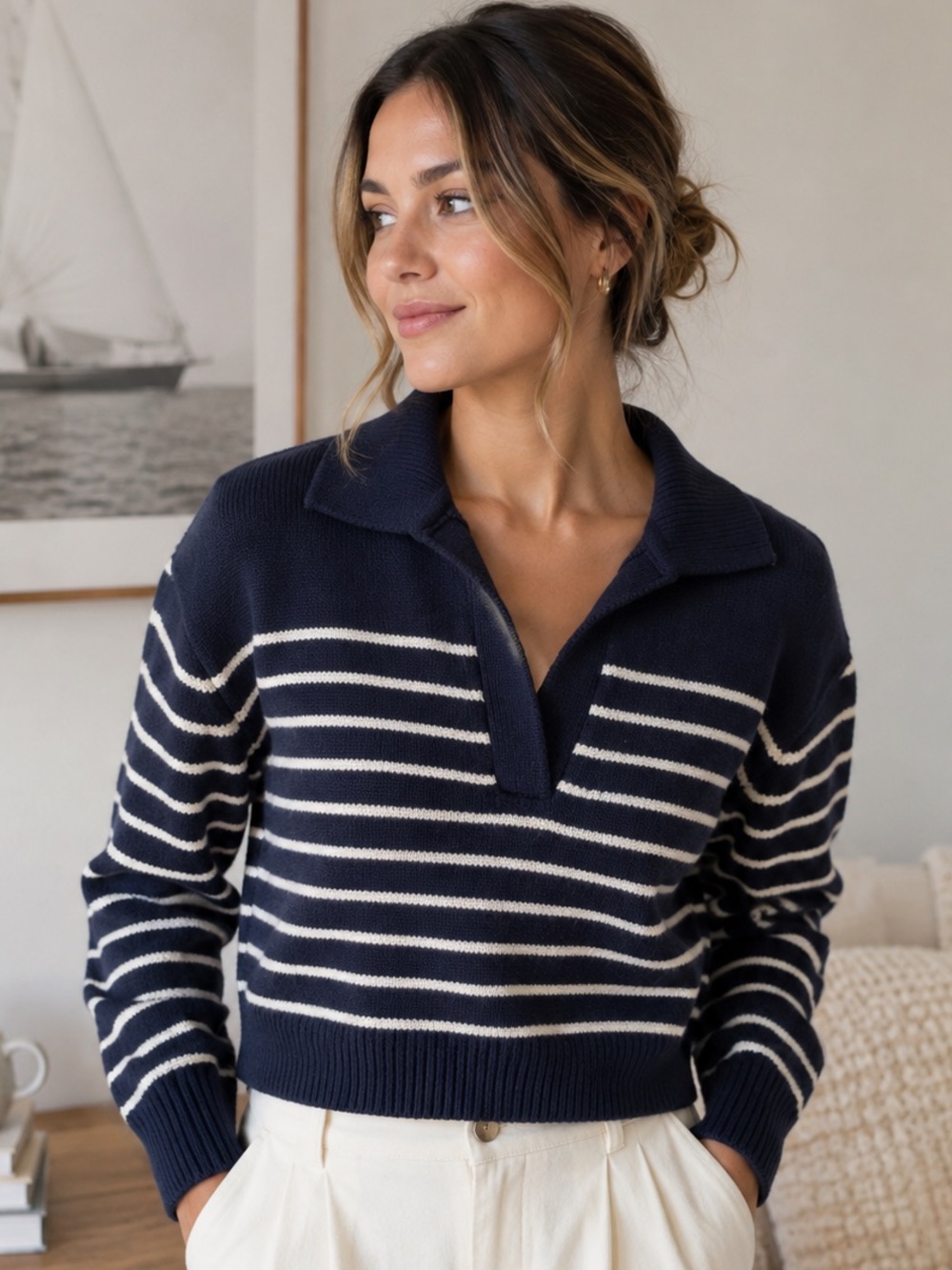 Aritzia Wilfred 100% Wool Navy Stripe Polo Collar Sweater Size Small